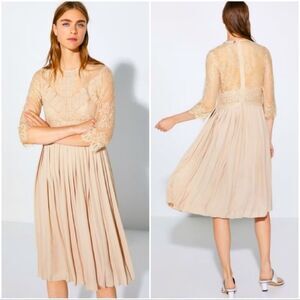 Zara Contrast Beige Tan Sheer Lace Long Sleeve Pleated Skirt Midi Dress Sz S